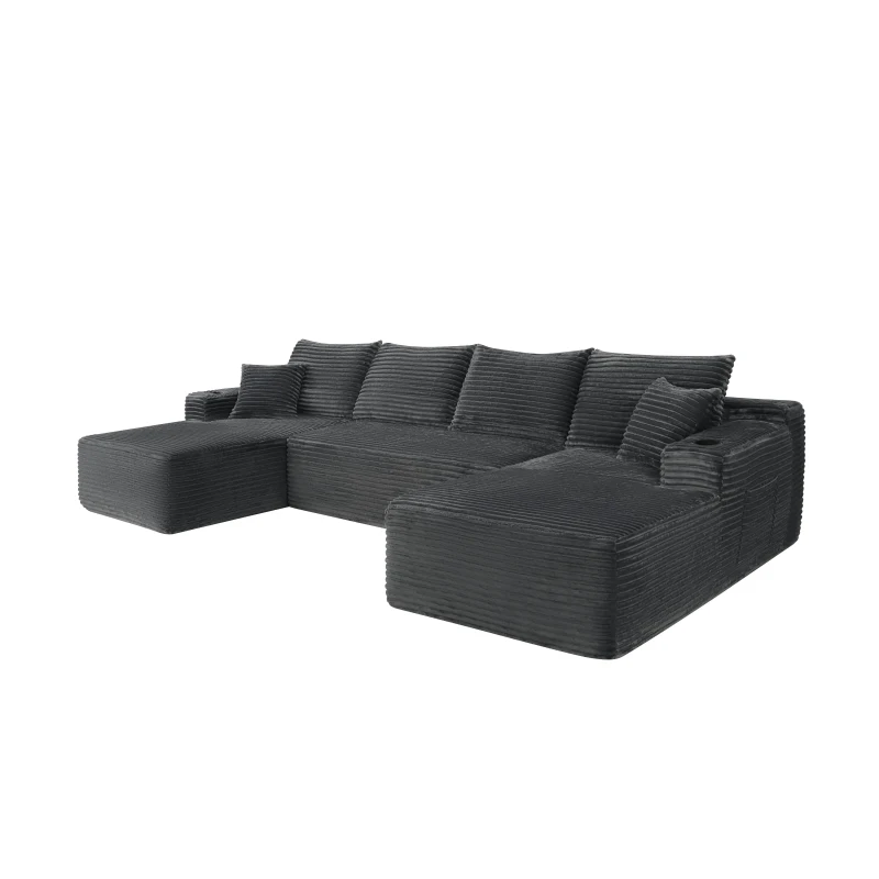 Relaxing Fabric Sectional Sofa with U-Shaped Double Chaise and Pockets, Classy Couch for Living Room and Bedroom, 126'' L x 66" W x 26" H, Grey