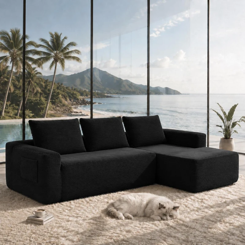 Tactile Corduroy Sofa with L-Shaped Chaise and Side Pockets, Rich Couch for Living Room and Bedroom, 104'' L x 67" W x 32.5" H, Black Right