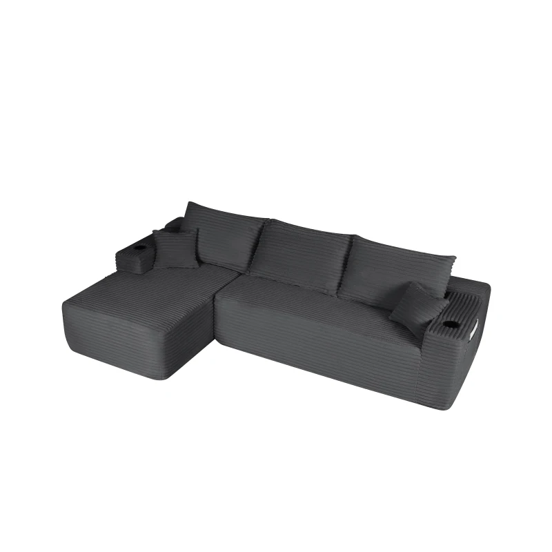 Velvet Fabric Sofa with L-Shaped Chaise and Side Pockets, Classic Couch for Living Room and Bedroom, 108'' L x 63" W x 23" H, Grey Left