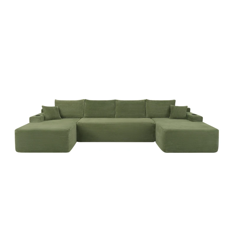 Modern Sectional with U-Shape Chaise and Cup Holder, Cozy Modular Sofa with Side Pockets and No Assembly, 126'' L x 66" W x 26" H, Green