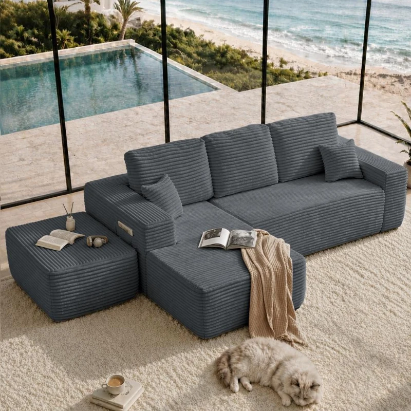 Lush Fabric Sofa with U-Shaped Chaise and Side Pockets, Understated Couch for Living Room and Bedroom, 104'' L x 67" W x 32.5" H, Grey Left