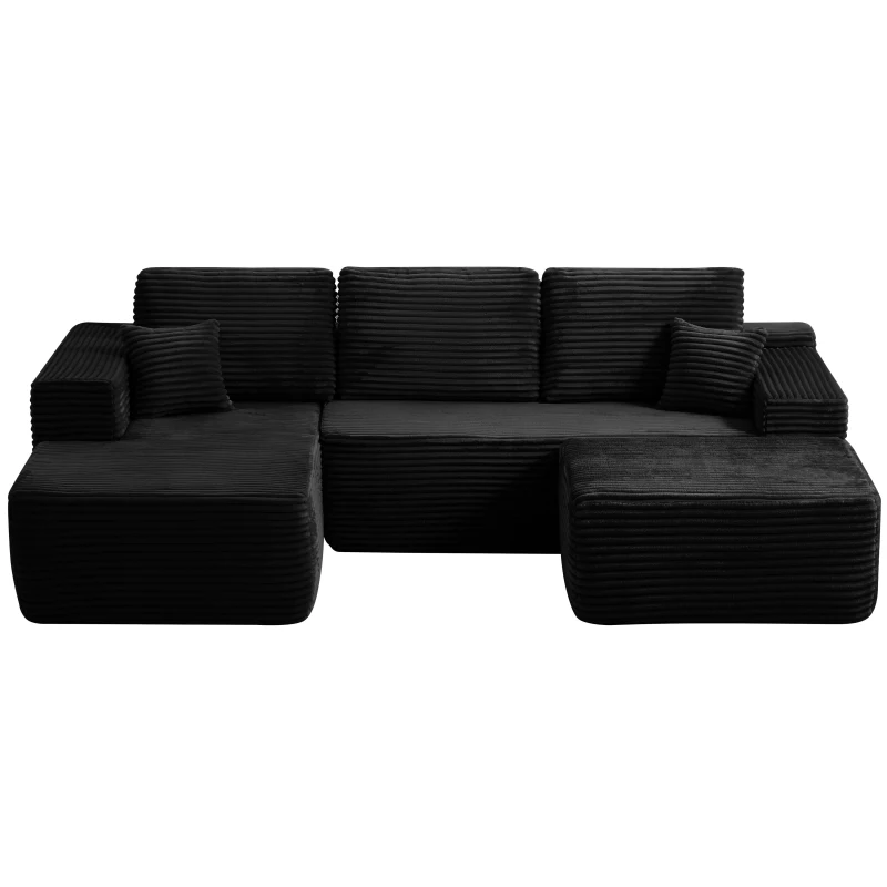 Roomy Fabric Sectional Sofa with U-Shaped Chaise and Side Pockets, Polished Couch for Living Room, 104'' L x 67" W x 32.5" H, Black Left