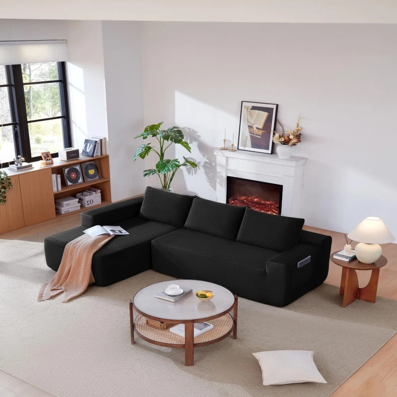 Modern Cloud Sectional with L-Shape Chaise and Deep Seat, Cozy Modular Sofa with Corduroy and No Assembly, 97'' L x 60" W x 31" H, Black