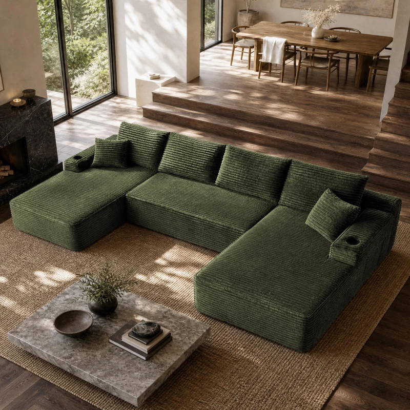 Snug Corduroy Sectional Sofa with U-Shaped Chaise and Side Pockets, Refined Couch for Living Room and Bedroom, 134'' L x 66" W x 26" H, Green