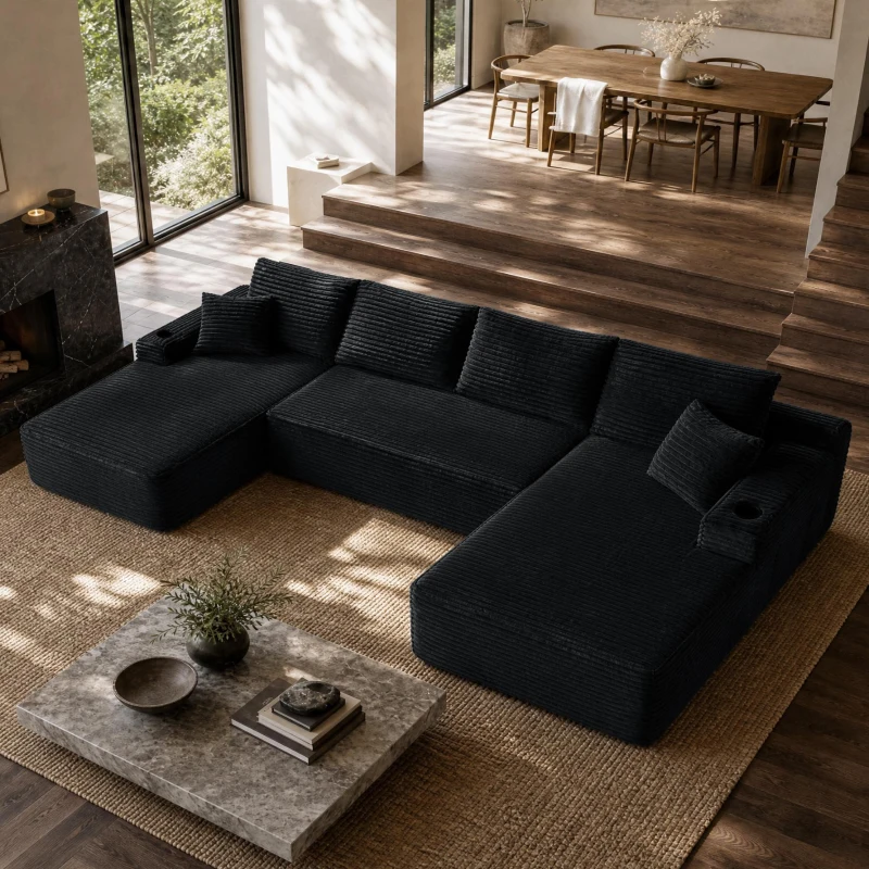 Spacious Corduroy Sectional Sofa with U-Shaped Chaise and Side Pockets, Sleek Couch for Living Room and Bedroom, 133.5'' L x 66" W x 26" H, Black