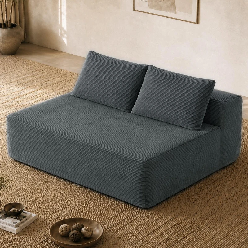 Cuddly Corduroy Chaise Lounge with Dual Seats and Cup Holders, Adaptable Couch for Living Room and Bedroom, 57'' L x 35" W x 24" H, Grey