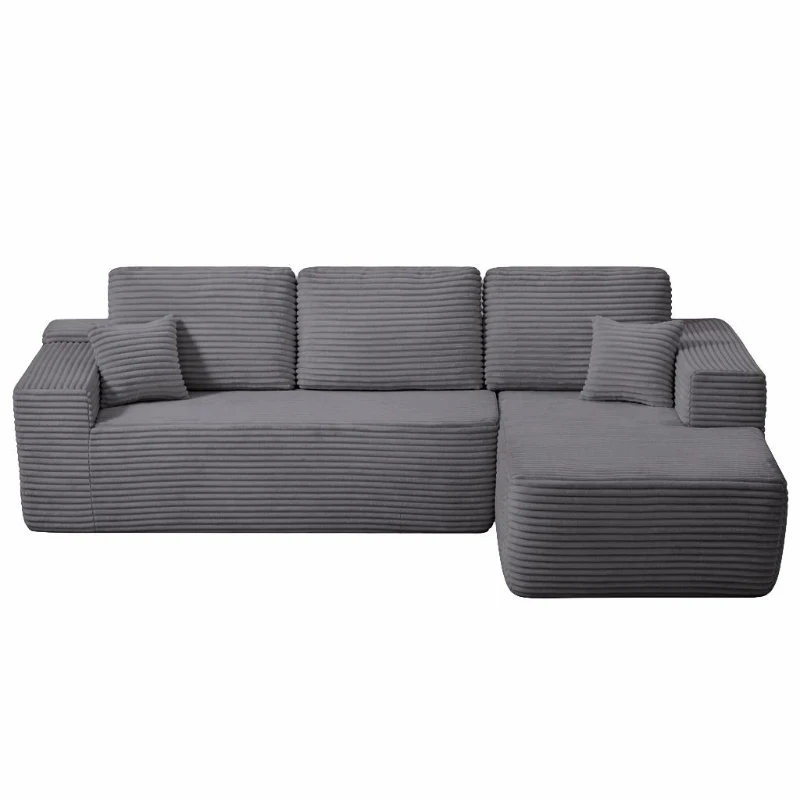 Gentle Fabric Sofa with L-Shaped Chaise and Side Pockets, Wise Couch for Living Room and Bedroom, 104'' L x 67" W x 32.5" H, Grey Right