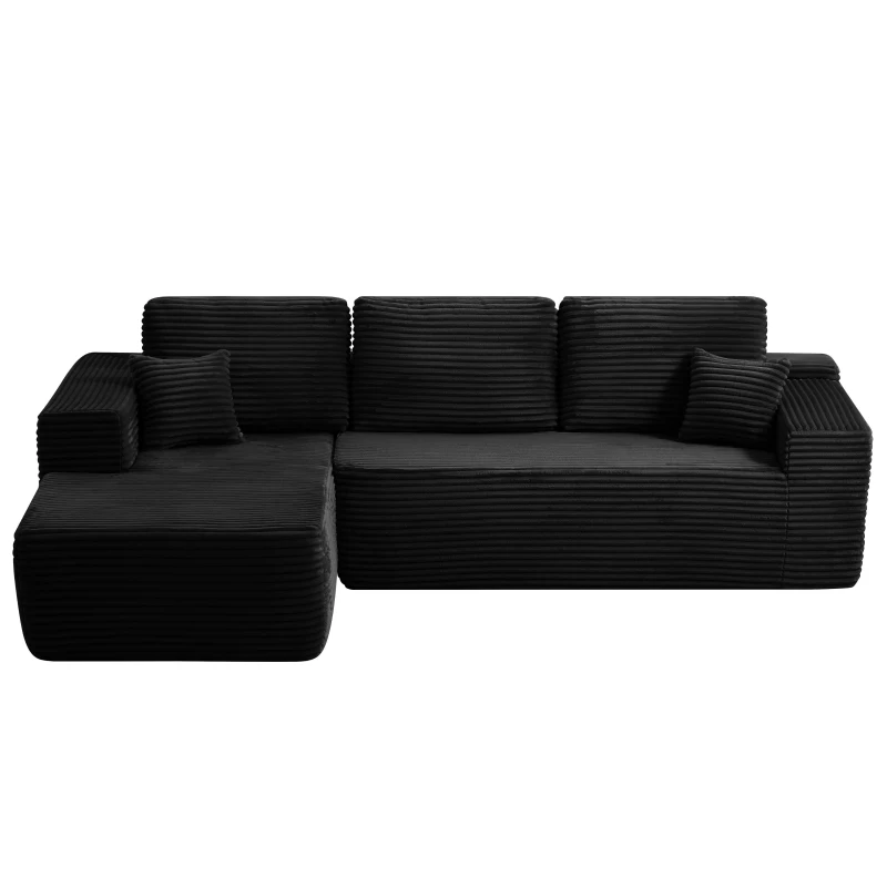 Airy Fabric Sofa with L-Shaped Chaise and Side Pockets, Timeless Couch for Living Room and Bedroom, 104'' L x 67" W x 32.5" H, Black Left