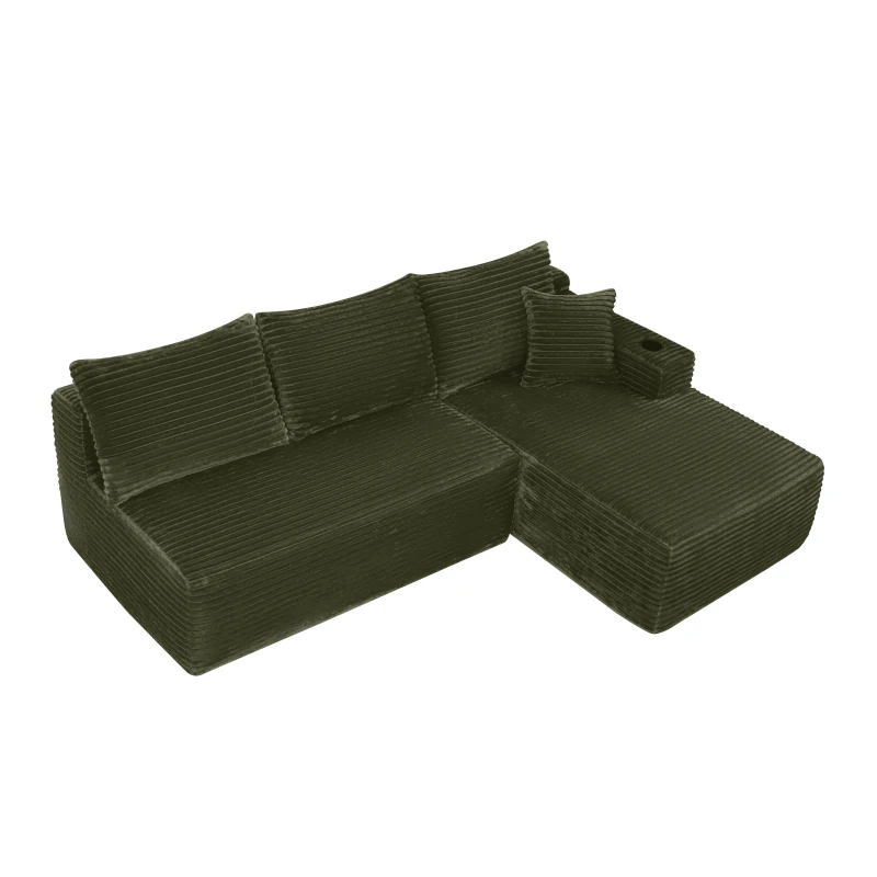 Warm Corduroy Sectional Sofa with L-Shaped Chaise and Cup Holder, Sensible Couch for Living Room and Bedroom, 96'' L x 66" W x 33" H, Green