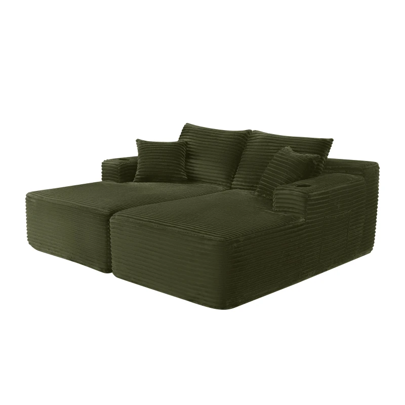 Downy Fabric Sectional Sofa with Double Chaise and Cup Holder, Useful Couch for Modern Living Room and Bedroom, 76'' L x 66" W x 26" H, Green