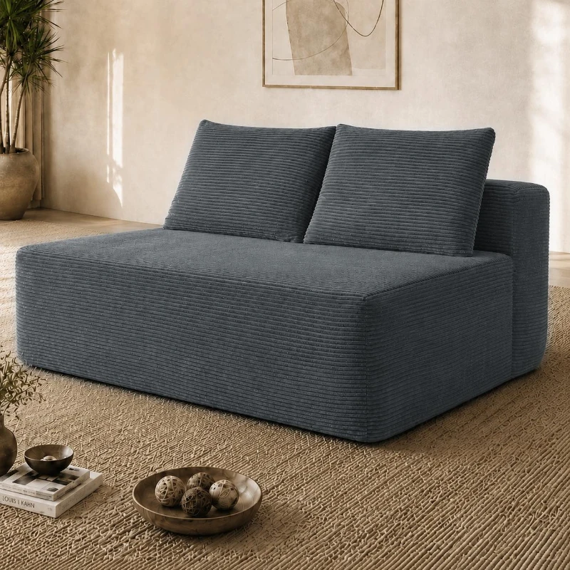 Cuddly Corduroy Chaise Lounge with Dual Seats and Cup Holders, Adaptable Couch for Living Room and Bedroom, 57'' L x 35" W x 24" H, Grey