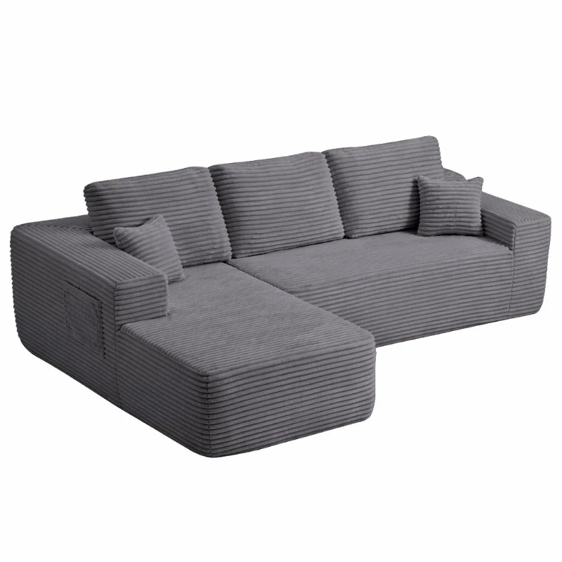 Luxe Fabric Sofa with L-Shaped Chaise and Side Pockets, Functional Couch for Living Room and Bedroom, 104'' L x 67" W x 32.5" H, Grey Left