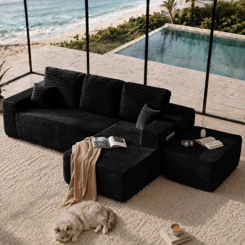 Ethereal Fabric Sofa with U-Shaped Chaise and Side Pockets, Sharp Couch for Living Room and Bedroom, 104'' L x 67" W x 32.5" H, Black Right