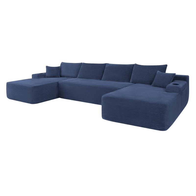 Vibrant Corduroy Sofa with U-Shaped Double Chaise and Side Pockets, Breezy Couch for Living Room and Bedroom, 126'' L x 66" W x 26" H, Blue