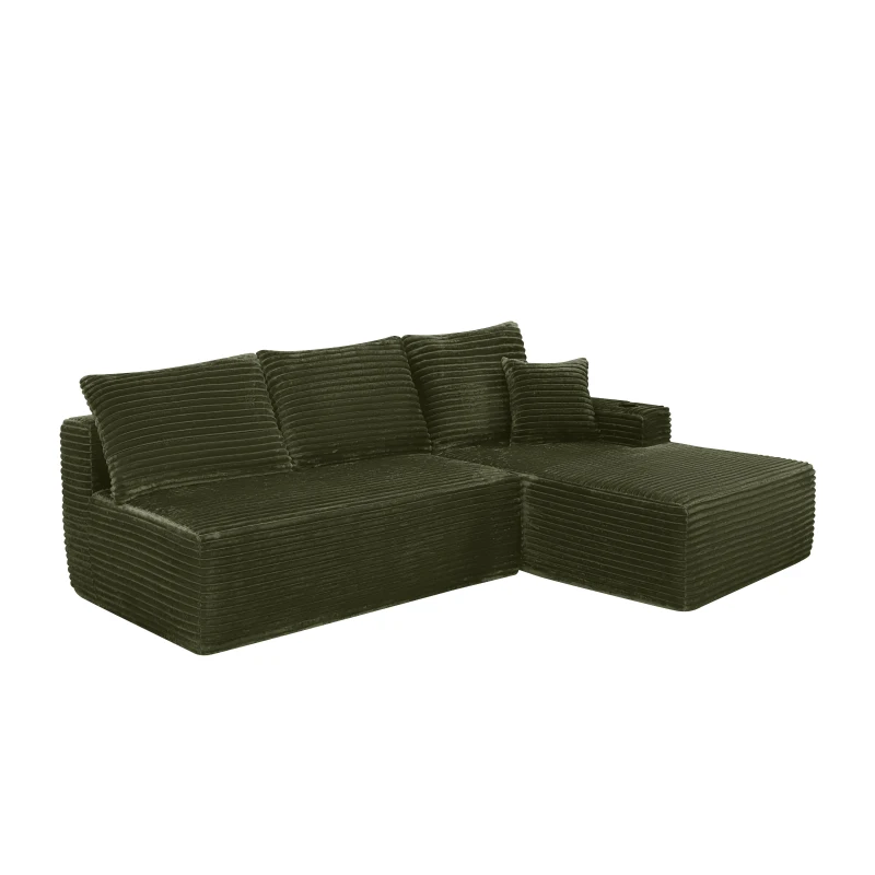 Warm Corduroy Sectional Sofa with L-Shaped Chaise and Cup Holder, Sensible Couch for Living Room and Bedroom, 96'' L x 66" W x 33" H, Green