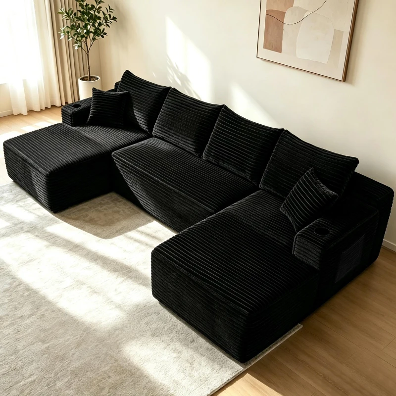 Modern Cloud Sectional with U-Shape Chaise and Cup Holder, Cozy Sofa with Side Pockets and No Assembly, 133.5'' L x 66" W x 26" H, Black