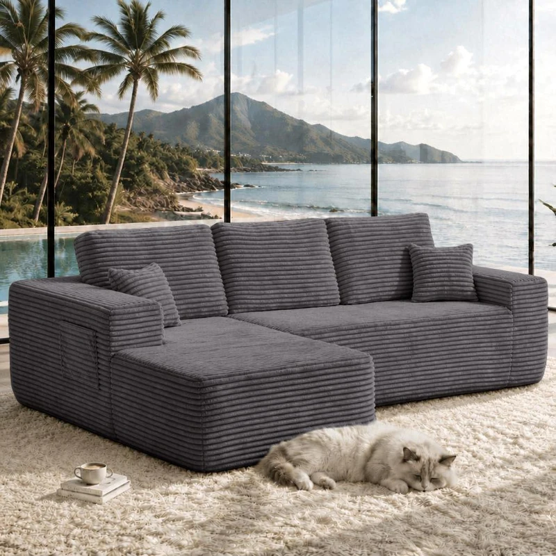 Luxe Fabric Sofa with L-Shaped Chaise and Side Pockets, Functional Couch for Living Room and Bedroom, 104'' L x 67" W x 32.5" H, Grey Left