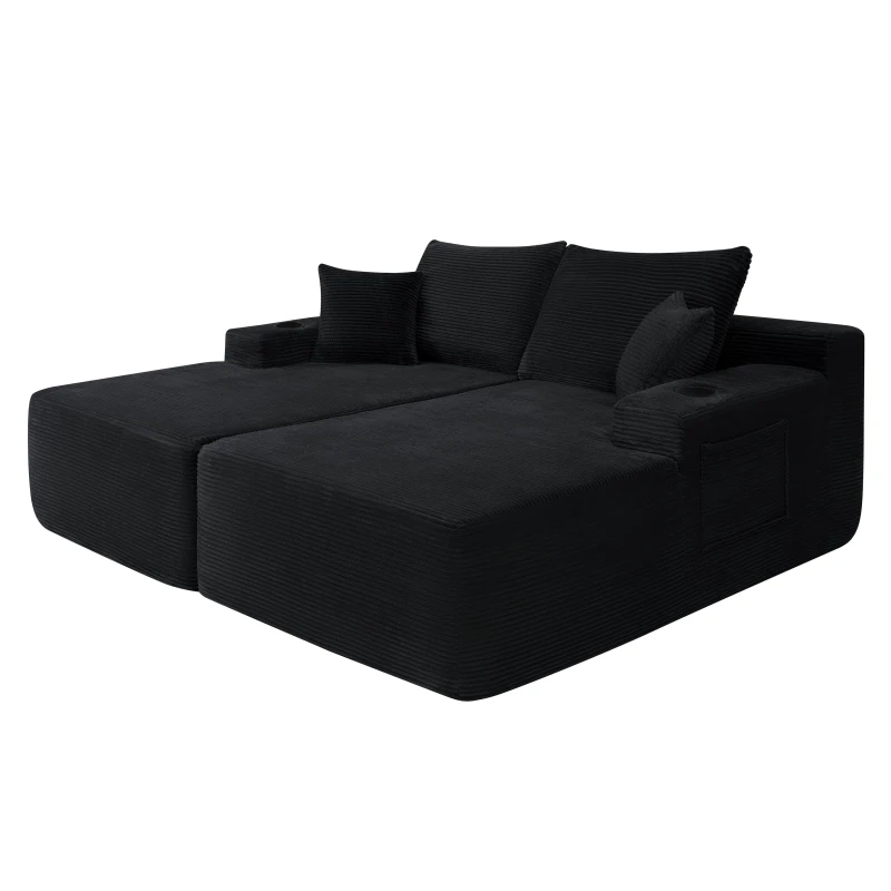 Lasting Corduroy Sectional Sofa with Double Chaise and Deep Seat, Trim Couch for Modern Living Room and Bedroom, 69'' L x 61" W x 30" H, Black