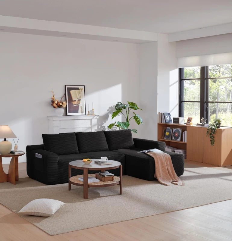 Modern Cloud Sectional with Right L-Shape Chaise and Deep Seat, Cozy Modular Sofa with Corduroy and No Assembly, 97'' L x 60" W x 31" H, Black