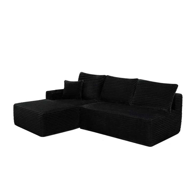 Versatile Corduroy Sectional Sofa with L-Shaped Chaise and Deep Seat, Minimalist Couch for Living Room and Bedroom, 96'' L x 66" W x 33" H, Black