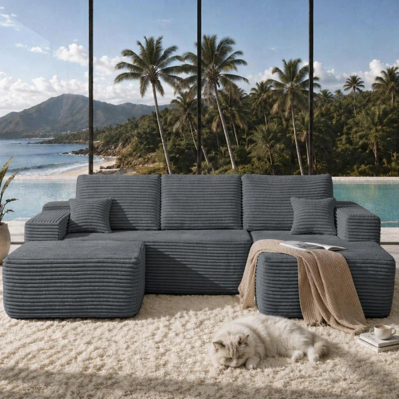 Billowy Fabric Sofa with U-Shaped Chaise and Side Pockets, Tidy Couch for Living Room and Bedroom, 104'' L x 67" W x 32.5" H, Grey Right