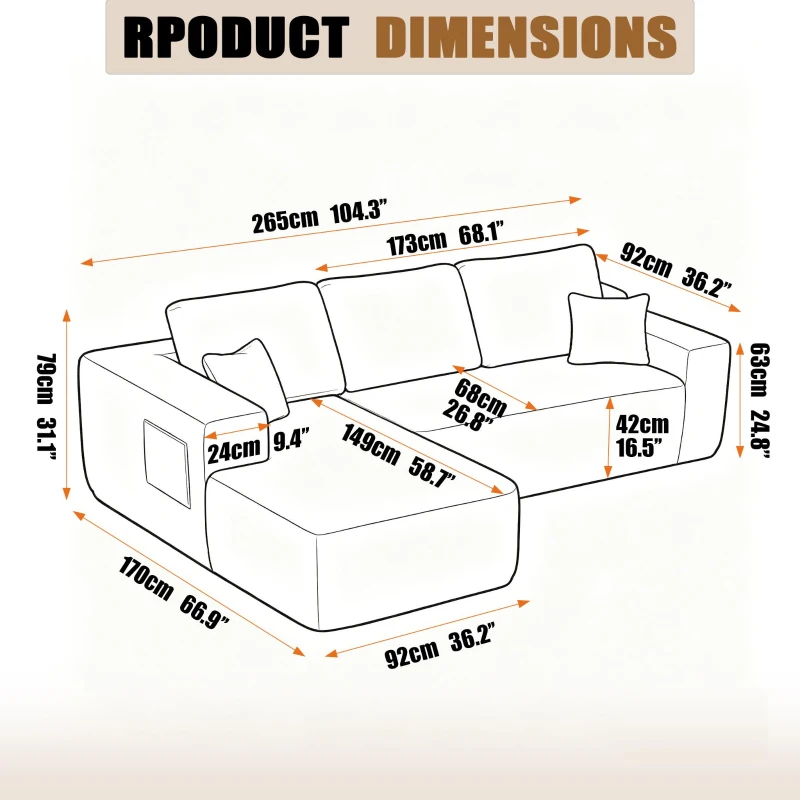 Modern Cloud Sectional with L-Shaped Chaise and Deep Seat, Modular Sofa with Side Pockets and No Assembly, 104'' L x 67" W x 32.5" H, Black