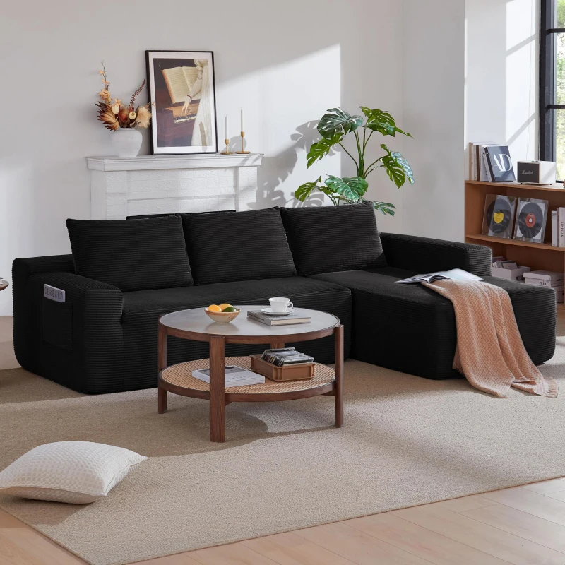 Modern Cloud Sectional with Right L-Shape Chaise and Deep Seat, Cozy Modular Sofa with Corduroy and No Assembly, 97'' L x 60" W x 31" H, Black
