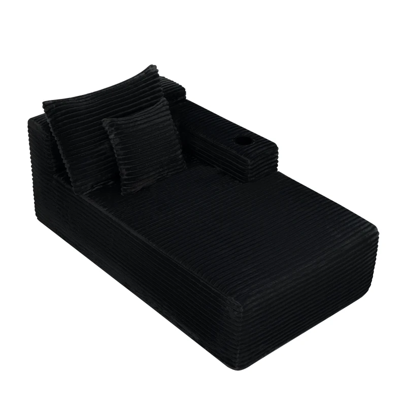 Chic Right Chaise with Plush Velvet and Cup Holder, Cozy Modular Sofa with Flexible Matching and No Assembly, 66'' L x 39" W x 33" H, Black