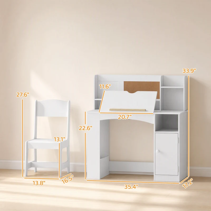 Qaba Kids Desk and Chair Set, Wooden Children Study Table with Tiltable Desktop, Storage Cabinet, Hutch for 3-12, White
