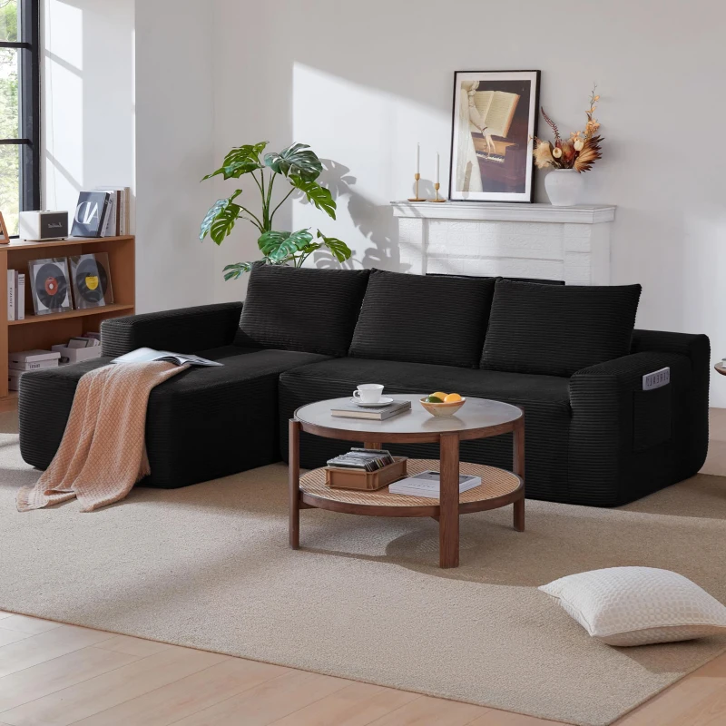 Corduroy Sectional Sofa with L-Shaped Chaise and Deep Seat, Modern Modular Couch for Living Room and Bedroom, 97'' L x 60" W x 31" H, Black