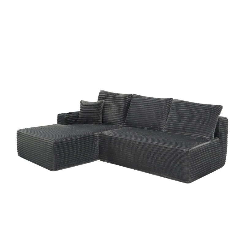 Modern Cloud Sectional with L-Shape Chaise and Cup Holder, Cozy Modular Sofa with Plush Fabric and No Assembly, 96'' L x 66" W x 33" H, Grey
