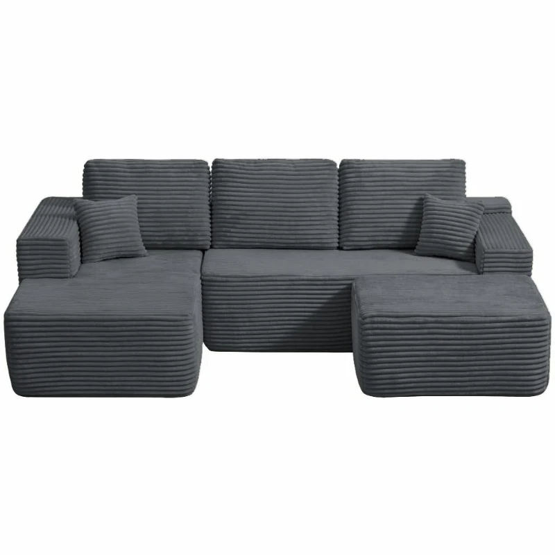 Lush Fabric Sofa with U-Shaped Chaise and Side Pockets, Understated Couch for Living Room and Bedroom, 104'' L x 67" W x 32.5" H, Grey Left