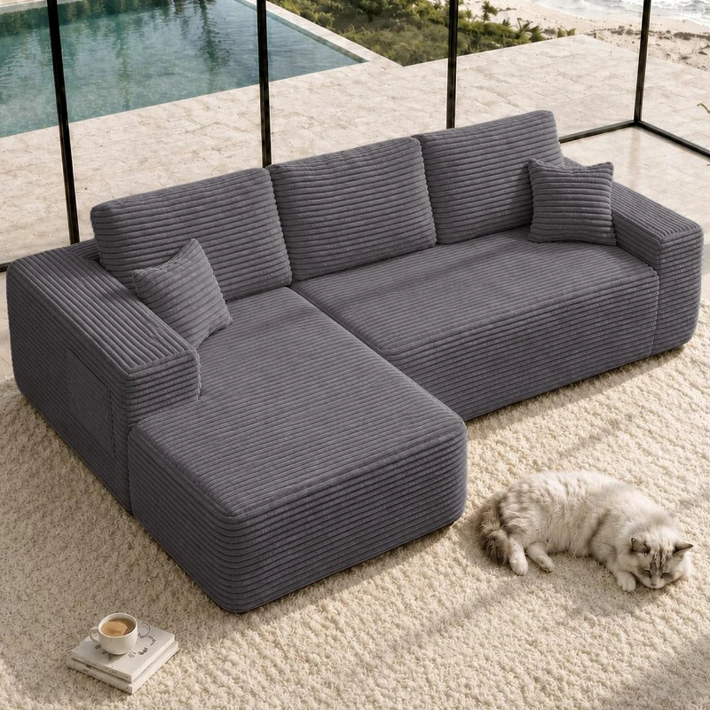 Luxe Fabric Sofa with L-Shaped Chaise and Side Pockets, Functional Couch for Living Room and Bedroom, 104'' L x 67" W x 32.5" H, Grey Left