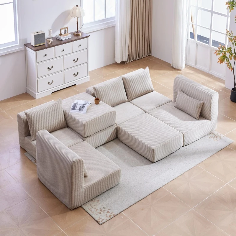 Cozy Modular Sectional with L-Shape and 5 Pillows, Chic Versatile Couch with Soft Corduroy and No Assembly, 100'' L x 35" W x 24" H, Camel