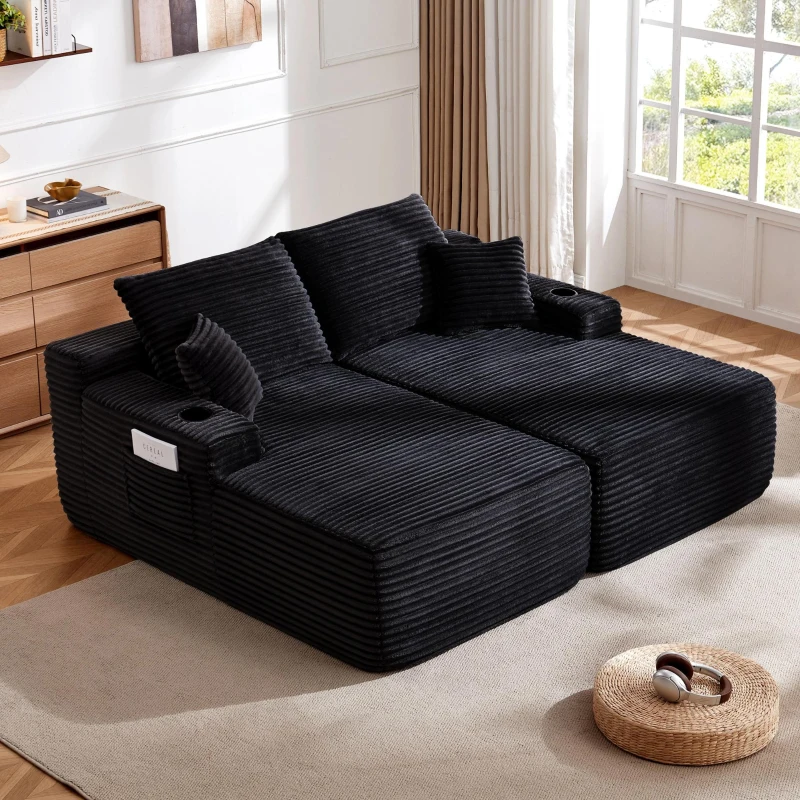 Welcoming Fabric Sectional Sofa with Double Chaise and Deep Seat, Urban Couch for Living Room and Bedroom, 69'' L x 61" W x 30" H, Black