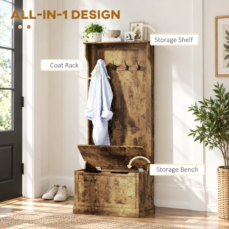 HOMCOM Hall Tree with Coat Rack, Storage, and Sitting Bench, Rustic Brown