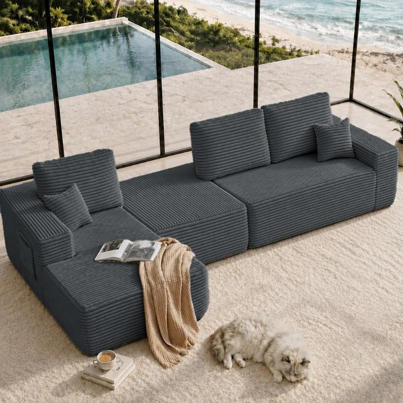 Lush Fabric Sofa with U-Shaped Chaise and Side Pockets, Understated Couch for Living Room and Bedroom, 104'' L x 67" W x 32.5" H, Grey Left
