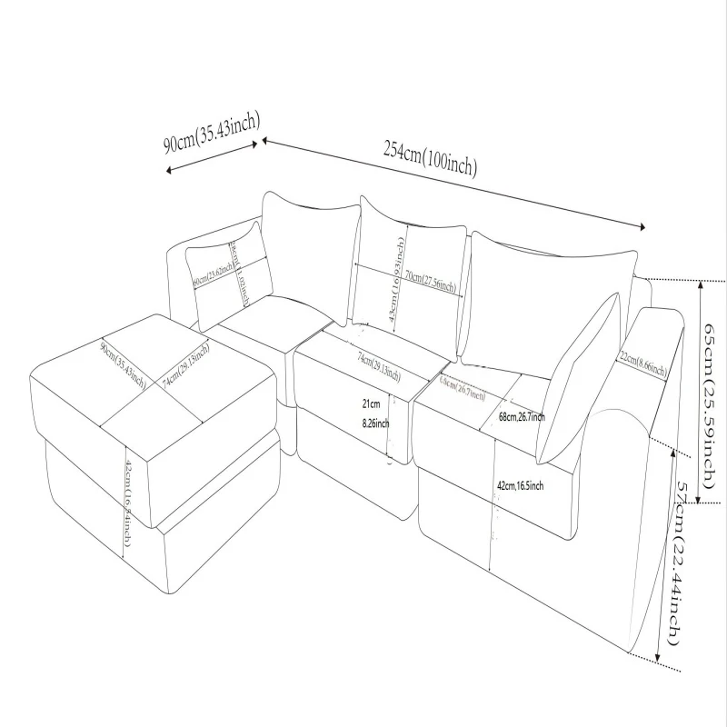 Cozy Modular Sectional with L-Shape and 5 Pillows, Chic Versatile Couch with Soft Corduroy and No Assembly, 100'' L x 35" W x 24" H, Camel