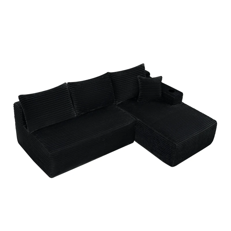 Versatile Corduroy Sectional Sofa with L-Shaped Chaise and Deep Seat, Minimalist Couch for Living Room and Bedroom, 96'' L x 66" W x 33" H, Black