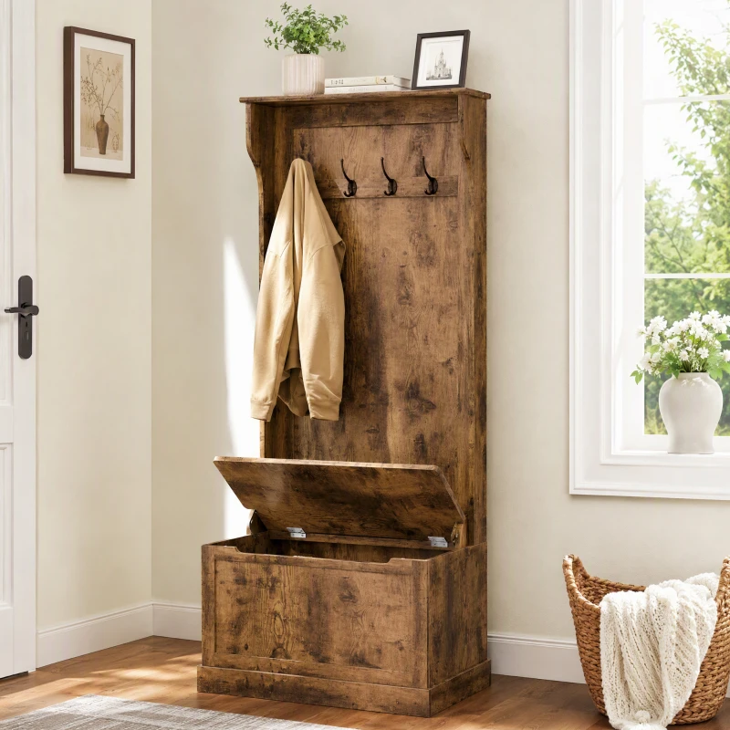 HOMCOM Hall Tree with Coat Rack, Storage, and Sitting Bench, Rustic Brown