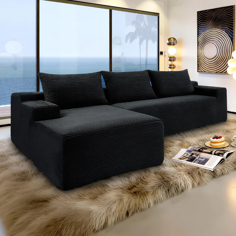 Plush Corduroy Sectional Sofa with L-Shaped Chaise and Deep Seat, Modern Modular Couch for Living Room and Bedroom, 97'' L x 60" W x 31" H, Black