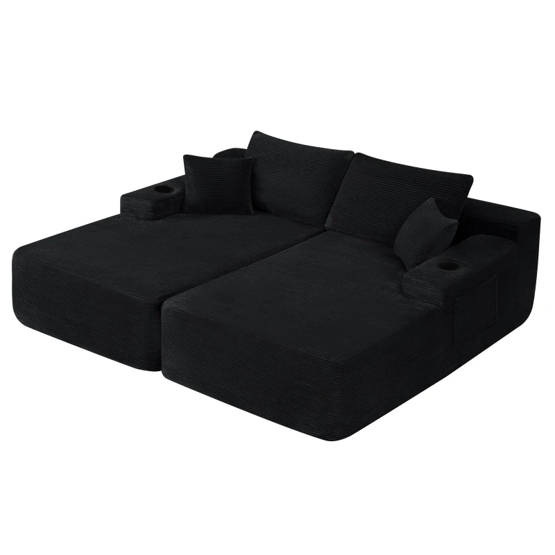 Lasting Corduroy Sectional Sofa with Double Chaise and Deep Seat, Trim Couch for Modern Living Room and Bedroom, 69'' L x 61" W x 30" H, Black