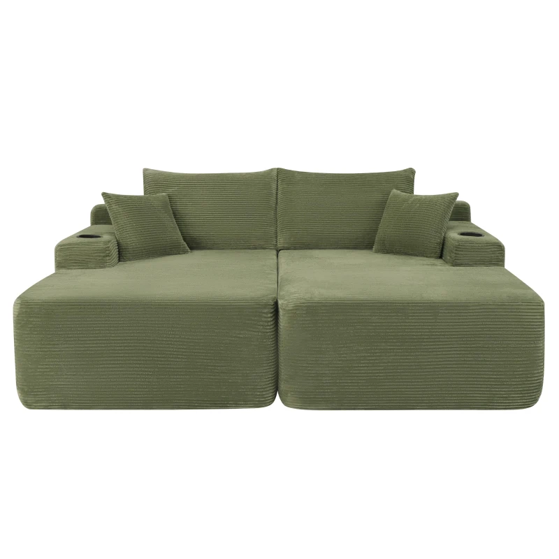Modern Cloud Sectional with Double Chaise and Deep Seat, Cozy 2-Seater Sofa with Soft Corduroy and No Assembly, 69'' L x 61" W x 30" H, Green