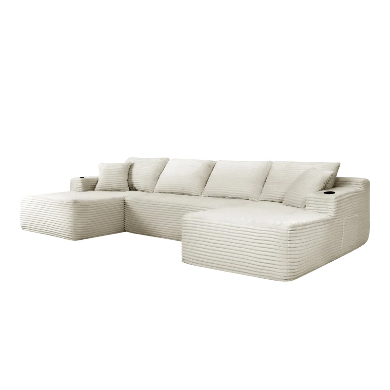 Neutral Fabric Sectional Sofa with U-Shaped Chaise and Side Pockets, Mellow Couch for Living Room and Bedroom, 126'' L x 66" W x 26" H, Beige