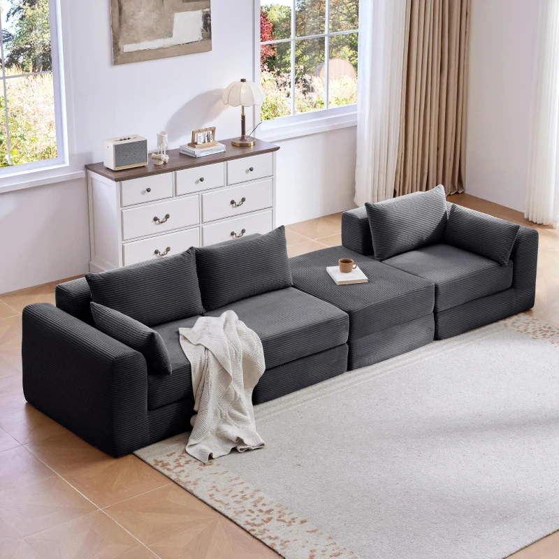 Snuggly Corduroy Sectional Sofa with 5 Pillows and Modular Design, Friendly Couch for Living Room and Bedroom, 100'' L x 35" W x 24" H, Grey