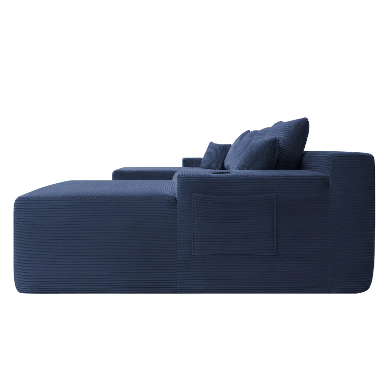 Vibrant Corduroy Sofa with U-Shaped Double Chaise and Side Pockets, Breezy Couch for Living Room and Bedroom, 126'' L x 66" W x 26" H, Blue