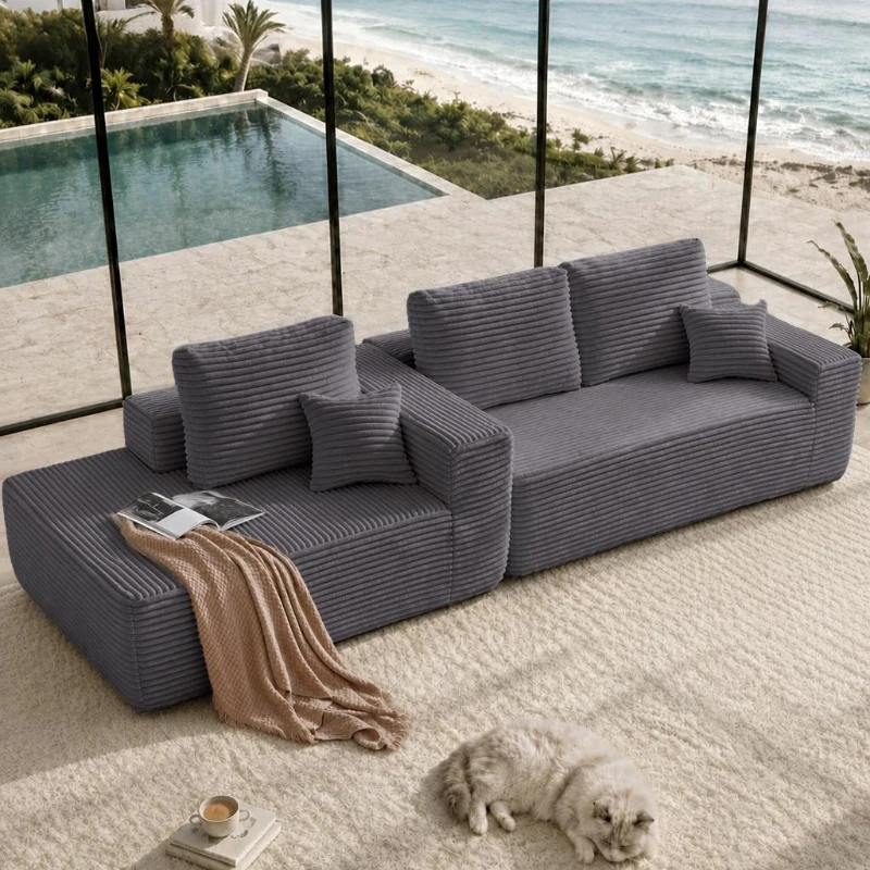 Luxe Fabric Sofa with L-Shaped Chaise and Side Pockets, Functional Couch for Living Room and Bedroom, 104'' L x 67" W x 32.5" H, Grey Left