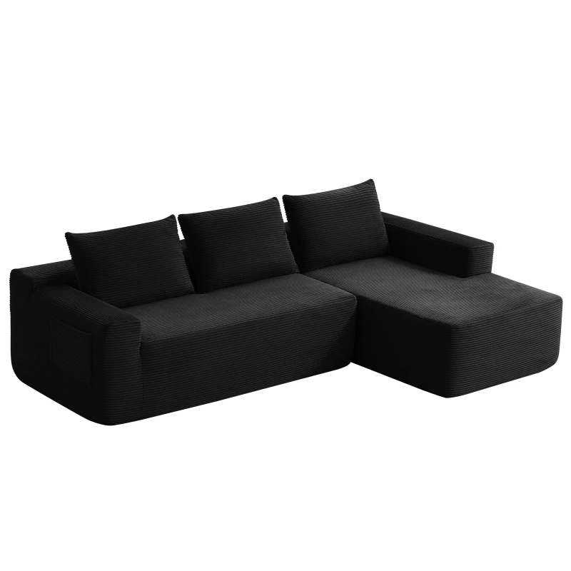 Tactile Corduroy Sofa with L-Shaped Chaise and Side Pockets, Rich Couch for Living Room and Bedroom, 104'' L x 67" W x 32.5" H, Black Right