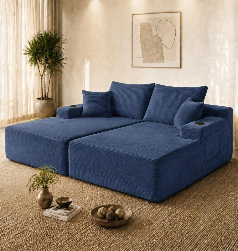 Bold Corduroy Sectional Sofa with Double Chaise and Deep Seat, Cheerful Couch for Modern Living Room and Bedroom, 69'' L x 61" W x 30" H, Blue