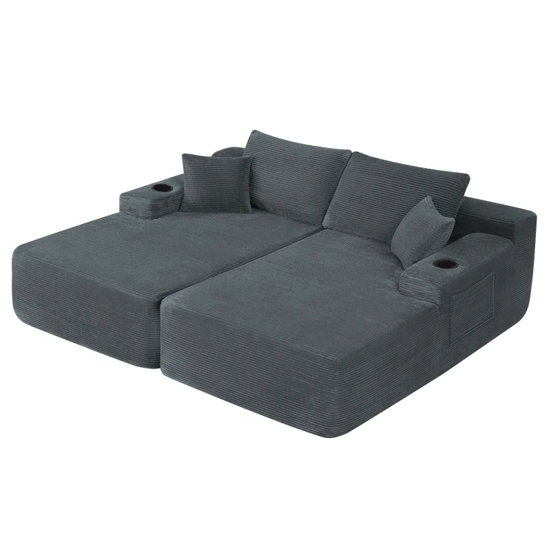 Robust Corduroy Sectional Sofa with Double Chaise and Deep Seat, Neat Couch for Modern Living Room and Bedroom, 69'' L x 61" W x 30" H, Grey